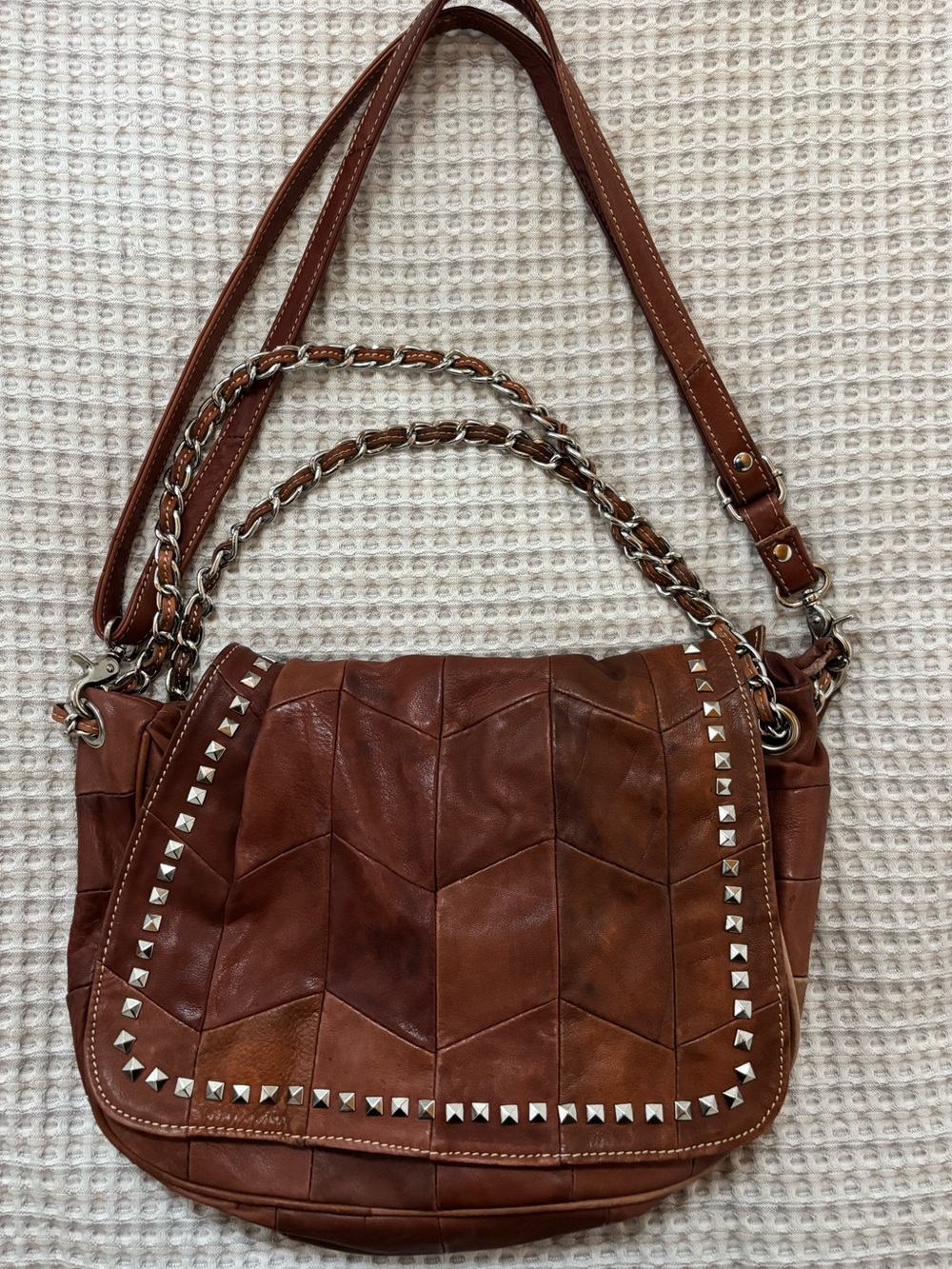 Leather Studded Shoulder Bag in Brown